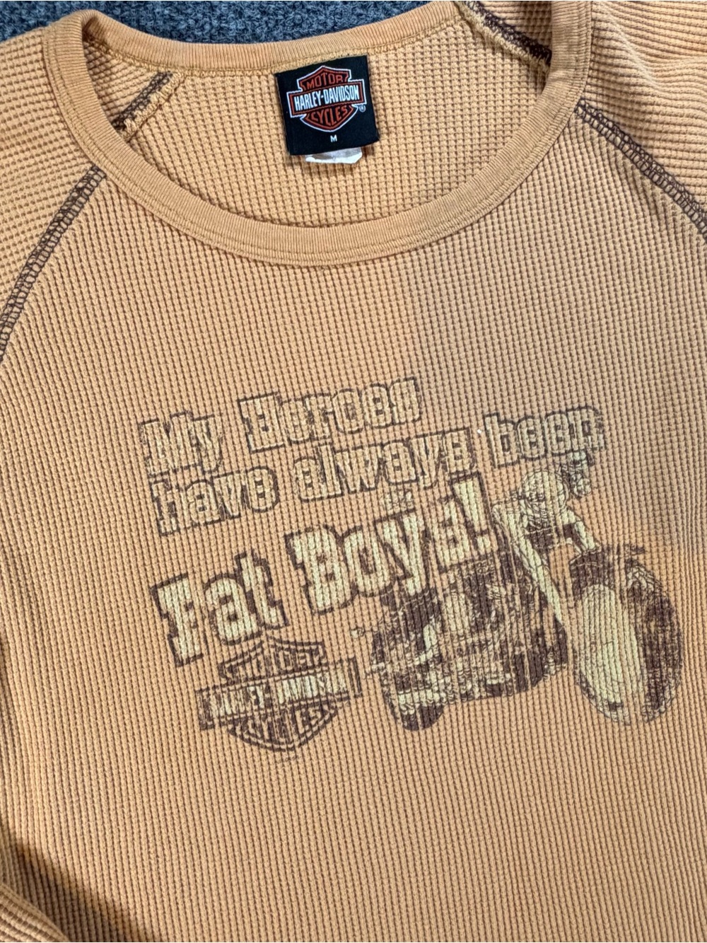 Harley-Davidson Tan Waffle Knit 'Fat Boy' Graphic Thermal Vintage 90s Y2K